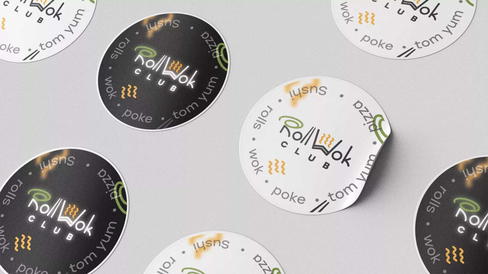 Разработка дизайна наклеек для суши-бара «Roll Wok Club» в Куртамыше